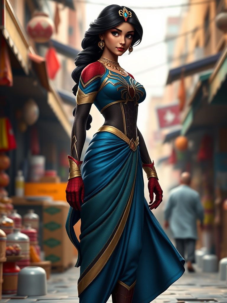 Generate a full-length photorealistic render of Princess Jasmine with the body type of Spider-Man. Retain Jasmine's head but modify her body structure and silhouette to reflect Spider-Man's physique and gender. Update her costume to fit the new body type while maintaining key elements of her original design. Place the character in an appropriate background that complements both Jasmine and Spider-Man, such as an exotic market or a vibrant city landscape. Ensure the image captures the essence of both characters while blending their styles seamlessly.