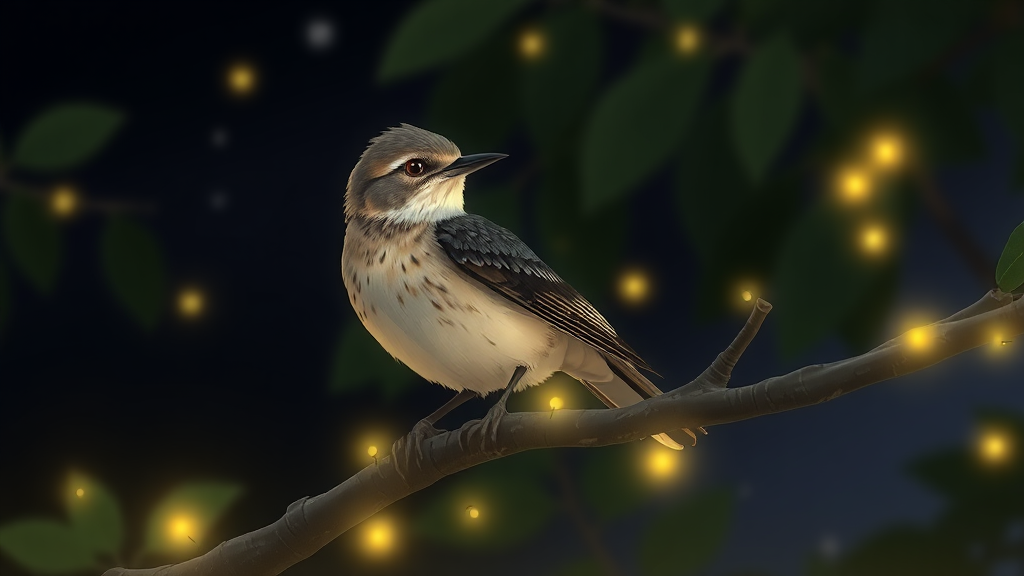 mockingbird sitting on a branch at night and little fireflies around animation