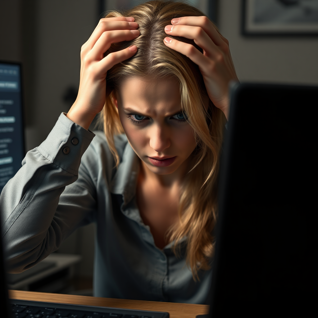 Create a detailed foto realistic scene of a desperate young nice bright blonde girl sitting in front of a computer. Her posture should reflect frustration, with her hands either on her face or gripping her head. Her surroundings are a typical home or office workspace, with dim lighting adding to the tense and stressful mood. The computer screen could show error messages, glitches, or something causing her distress. The woman’s expression should be a mix of anxiety, exhaustion, and very despair and sad and very angry with subtle attention to facial details like furrowed brows or clenched jaws.