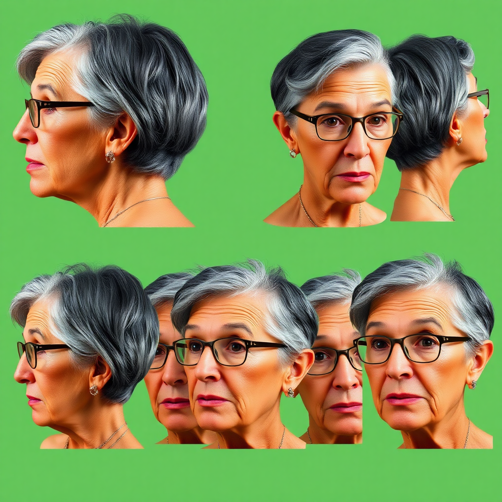 Photorealistic image of six headshots of a 50 Years old, fit, European, Latina, sharp aquiline nose, wrinkles, high cheekbones, Middle Eastern, Skinny, Tanned skin, Dark light skin, full Makeup, jewelry, Sharp nose, exxagerated expression, surprised, astonished, delighted, dark grey Ash hair, short bowl haircut, Brown eye color, Glasses, with detailed features. Each photo displays the same face in back, profile and front view, cut out and isolated on a green background. All six heads are visible side by side, empty space around each view, no overlapping.