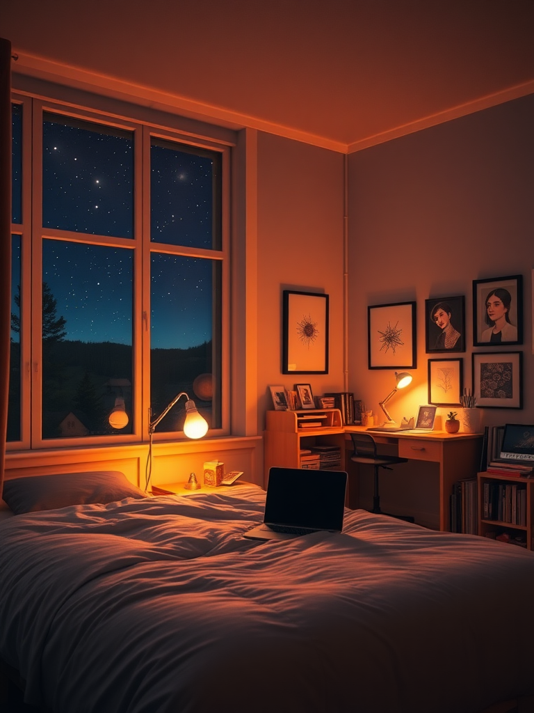 As night falls, a large window reflects the warm light from inside, contrasting beautifully with the stars outside. In the room, a big bed is topped with a soft comforter, and beside it, a nightstand holds a laptop that is currently charging. The bedside lamp emits a gentle glow, illuminating a small bookshelf filled with various types of books. In one corner of the room, there is a workspace, with a desk displaying various office supplies and decorative items, while art pieces hang on the walls. The entire room is infused with an atmosphere of art and life. Real, realistic.