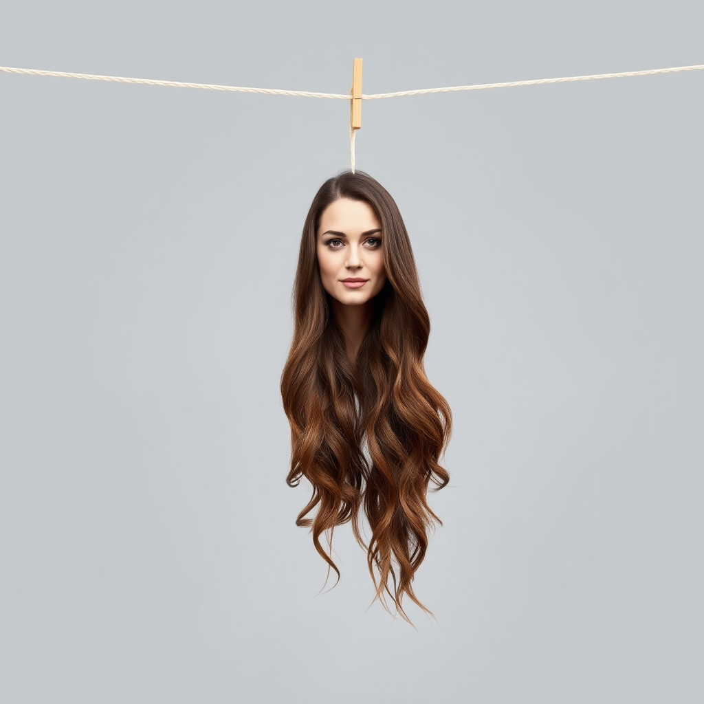 A surreal image of the beautiful very long haired Kate Middleton's disembodied head hanging by her long hair from a clothesline. Plain gray background.