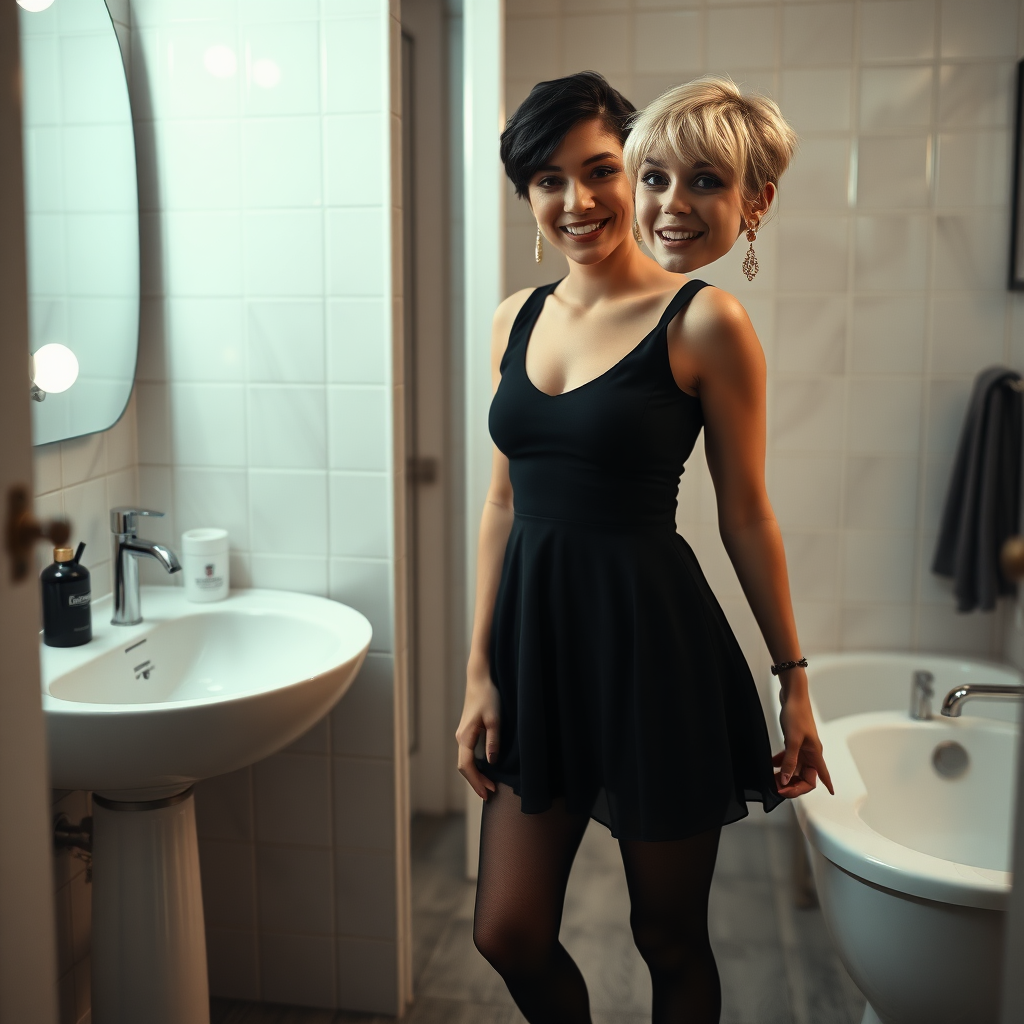 photorealistic, ultra high resolution, 16K, surreal fantasy, studio lighting, a 35 year old mother who is fully dressed for work is watching her pretty 14 year old goth son, slim male physique, short blonde hair, goth makeup, earrings, pantyhose, white ballet shoes, in the bathroom, excited smile, facing the camera.