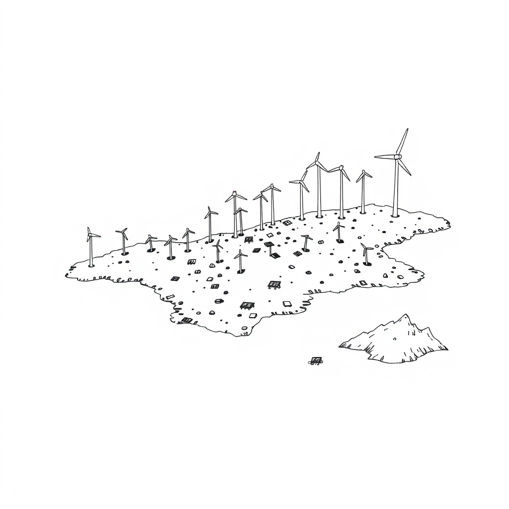 Create a comic drawing of Sardinia with its small islands, showing it being overwhelmed by enormous wind turbines and solar panels. The style is minimalist, with only black ink.