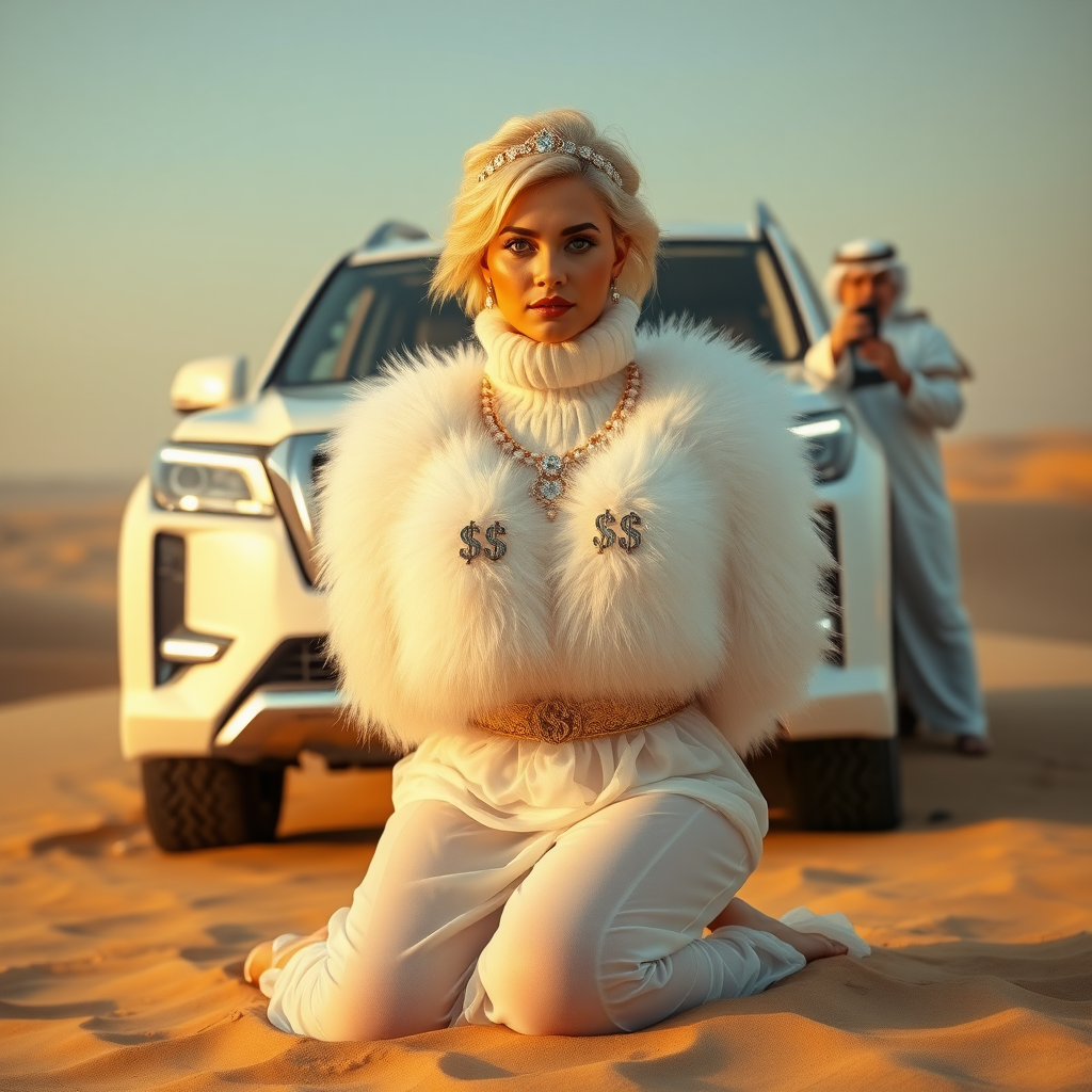 Kuwait desert dunes misty dawn, full size luxury SUV: Melissa, European 17 years old very convincing femboy “trophy-bimbo”, tamed servile docile, very beautiful feminine flawless face, rather short, by hormones very curvaceous womanly figured, platinum blond short tight curls, bold red lips, heavily made-up face, wearing Supertanya-style fluffy very fuzzy bright white angora turtleneck-poncho cropped ending under bust decorated with pearls and gemstones, striking oriental wide gold bridal protection belt, white fully transparent harem pants, full Oriental bridal jewelry with striking headpiece, full Oriental face-jewelry, striking diamond “$$$” letter brooch on left chest, pout frustrated, hands tied behind back, kneeling in sand in front of SUV, looking at camera. Focus on face and turtleneck-poncho. Standing behind leaning against SUV: older overweight mighty sheik laughing taking pictures with mobile phone.