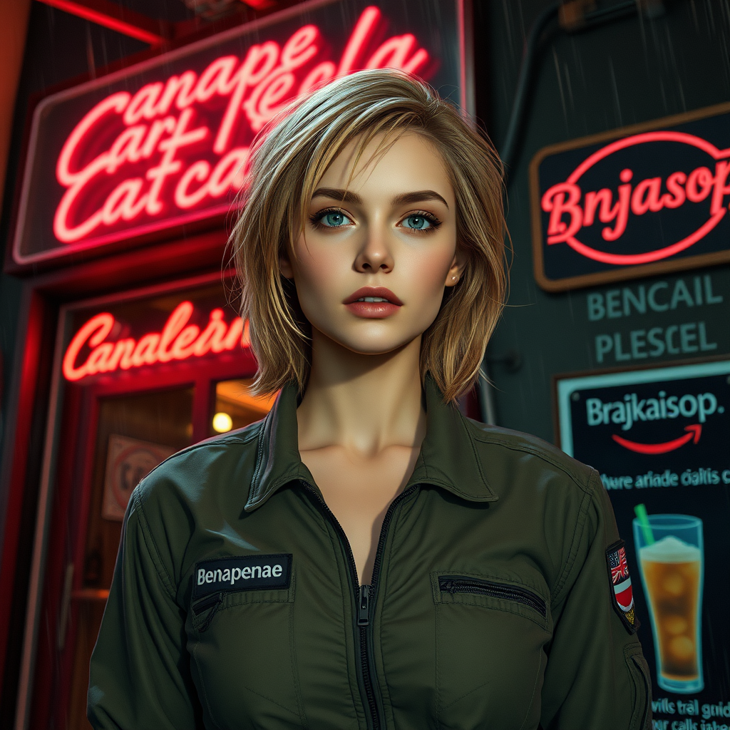 A girl with face like (Ana de Armas), pale, no makeup, messy shoulder length strawberry blonde hair, athletic, wearing a flight suit, "Benaenae" badge on the pocket. A run-down bar with the words "Canopean Catcaller" in neon above the door. Night, raining, realistic, lens flare. Advertisement for a drink called "Brajkaisop". Hyperrealistic, film grain, soft focus.