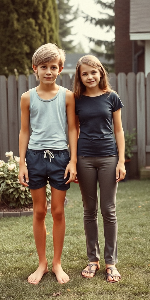 photorealistic, ultra high resolution, 16K, a tall skinny long bow cut 13yo boy wearing tank top, tight booty shorts, Long legs, bare thighs. With a girl wearing t-shirt, long pants. At backyard. Full length view. Vintage family photo, 1970s.