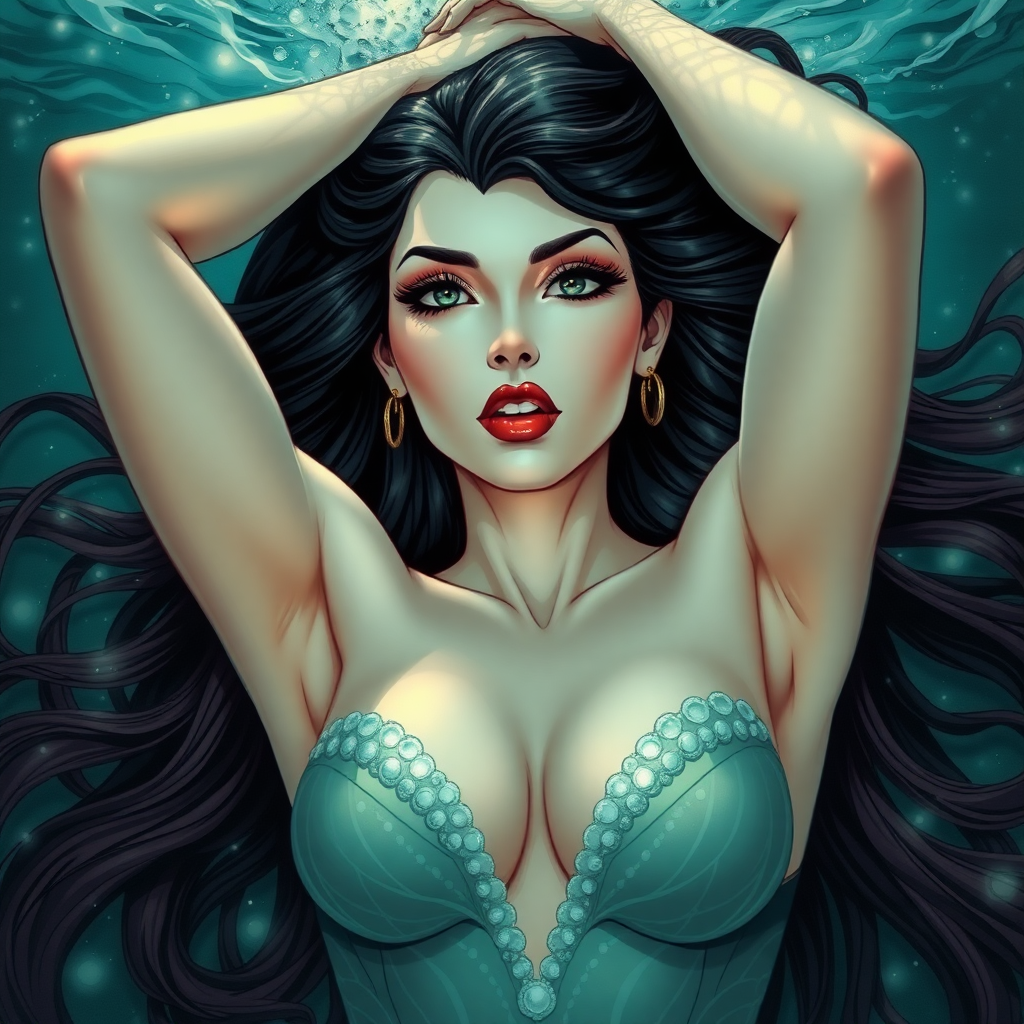 Vampirella as a mermaid underwater hair floating in a nimbus around her beautiful face her arms up over her head and she's looking down into the viewer's eyes making intense eye contact. diaphanous.