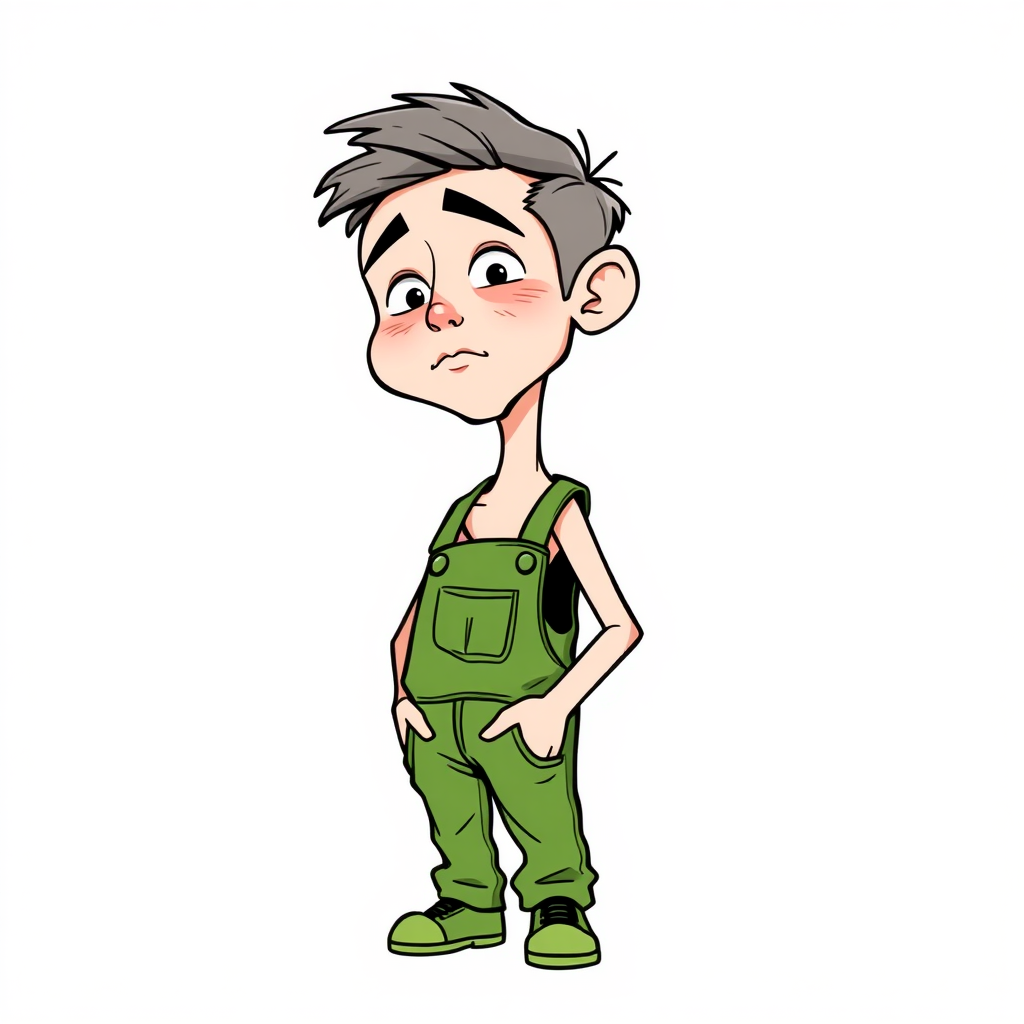 blushing shy nervous small 20 year old european skinny man wearing green work overalls is trying to hide his excitement, long establishing shot, 2D, caricature, cartoon, Sketch lines, coloring book, black and white, coloring book style on white background, well composed, clean coloring book page, No dither, no gradient, strong outline, No fill, No solids, vector illustration, side view