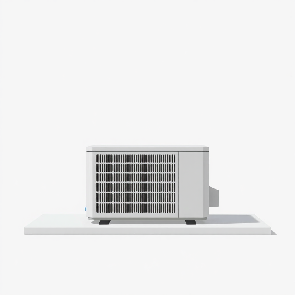 A simple, high-resolution, realistic photo of a standard residential outdoor air conditioning unit or condenser. The unit should be placed on a flat surface. The unit should be a neutral color. Plain, uncluttered background. No text.