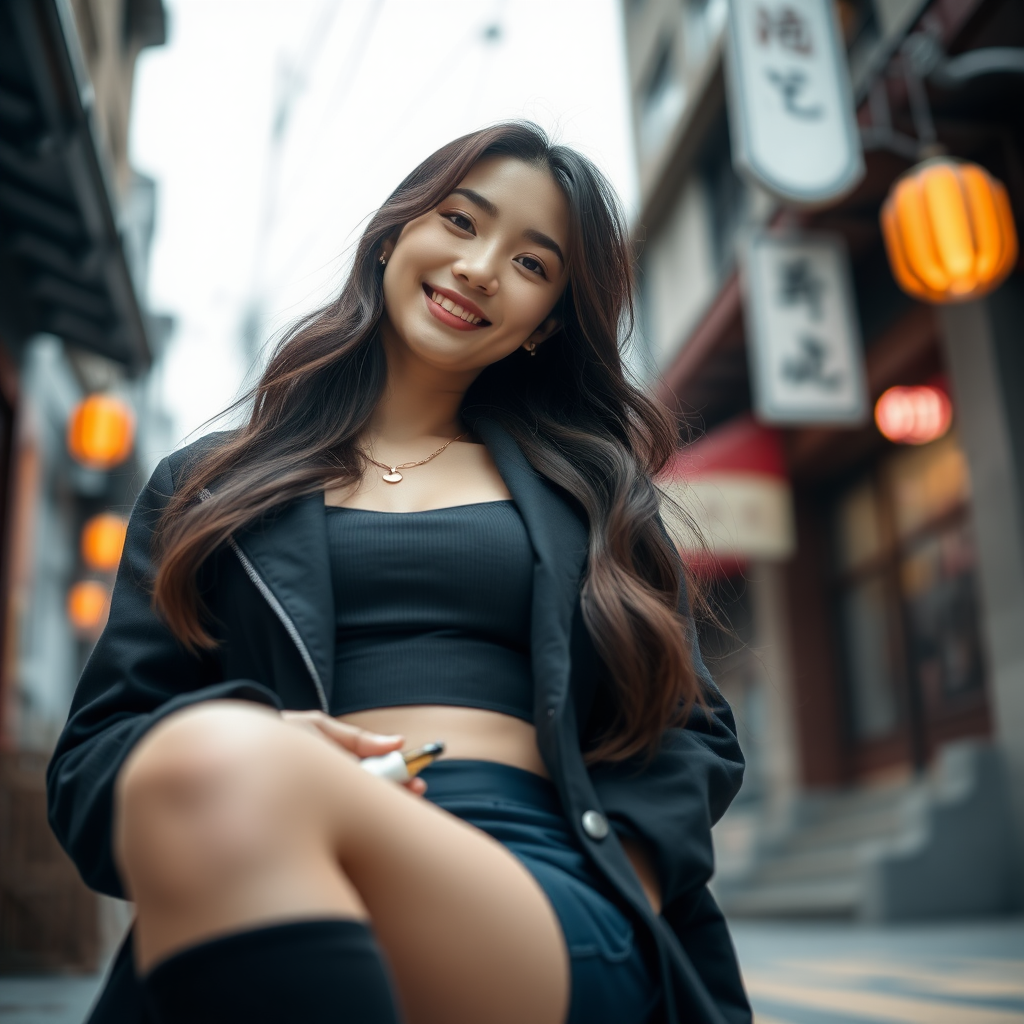 Photo low angle full body shot beautiful xiaomeimei smiles and holds something near her thigh.