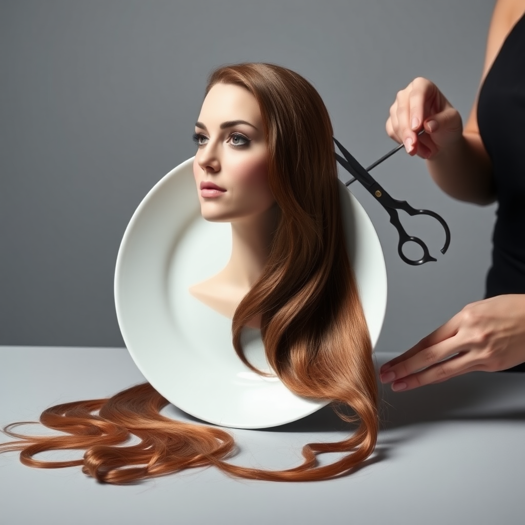 In a strikingly surreal scene, a beautifully crafted porcelain plate holds the disembodied head of a graceful Kate Middleton, her long, flowing hair cascading around like a luxurious waterfall of silky strands, shimmering in various shades of deep chestnut. Each hair seems to catch the light, creating an almost ethereal glow. Nearby, a meticulous hairdresser, dressed in a sleek black apron, carefully snips away at Kate's locks with precision scissors, their actions fluid and deliberate, emphasizing the delicate artistry of the moment.

The setting boasts minimalist decor, with a plain gray background that heightens the focus on this bizarre tableau. Soft shadows play across the smooth surface of the plate, enhancing the haunting beauty of Kate's serene expression, which conveys both elegance and an uncanny sense of stillness. The atmosphere is a blend of surreal calm and unsettling intrigue, pulling the viewer into a dreamlike space where reality and imagination intertwine. Gentle noises of scissors softly clipping away hair are the only sounds in this peculiar yet captivating scenario, heightening the tension and drawing viewers into this striking juxtaposition of beauty and the bizarre.