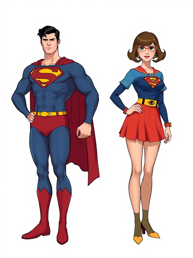 Generate a full-length image of Superman with the body attributes of Velma Dinkley, including her height, frame, and shape. Incorporate embellishments and costume elements from Velma’s outfit to create a unique blend. The background should be an appropriate setting that suits both Superman and Velma’s worlds.