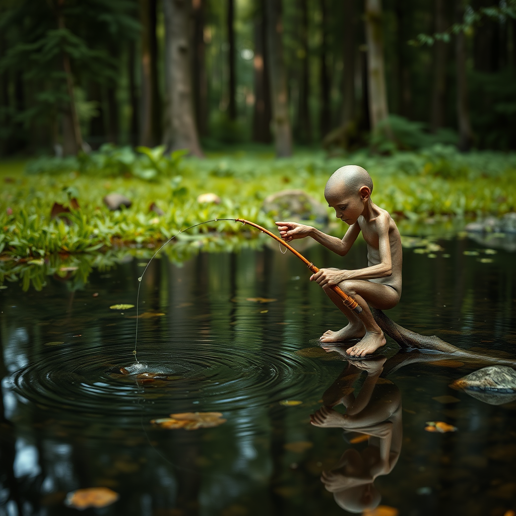 A small, skinny kobald man fishing in a small forest pond