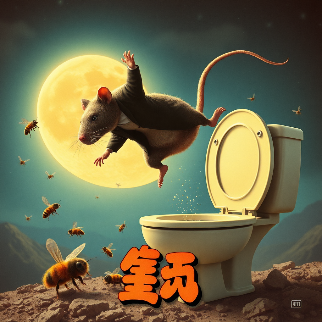 A rat politician diving off the moon into a toilet, bees, Mongolian, 90s musical movie poster