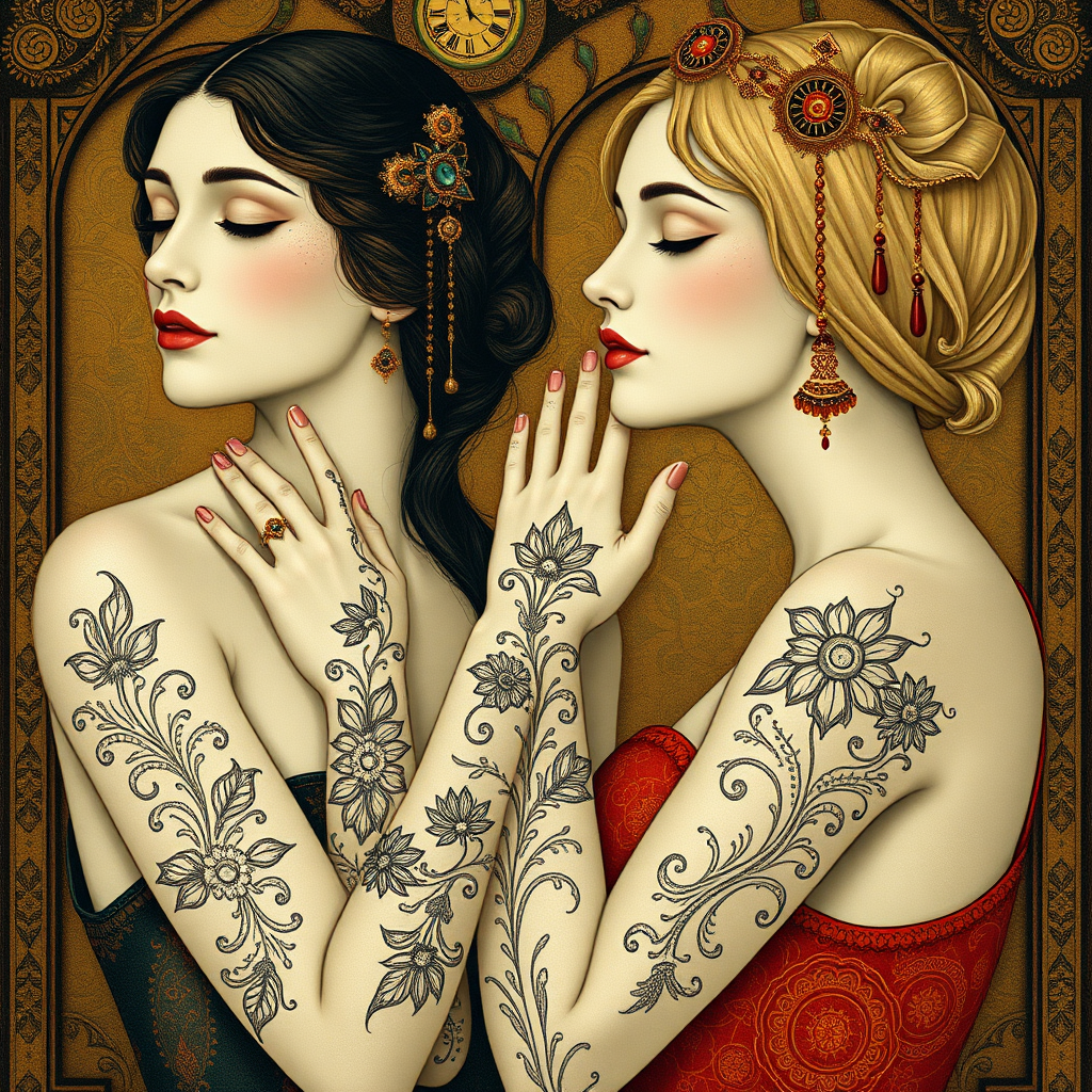 Create the following image prompt: An image in the style of Max Klimt and Art Nouveau. The scene features two women with white skin and henna tattoos on their arms.