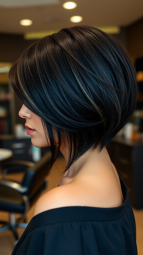 Beautiful model with black shag hair, in high definition, in the background, hairdressing salon.