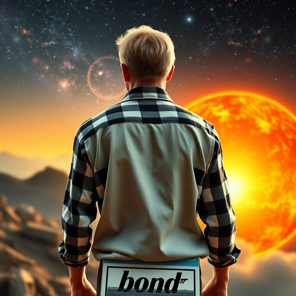 view from behind, a SCI-FI film 60-x poster, the blonde man in plaid shirt(white and black) standing on pack of cigarettes(with name "bond") that flies streight to the sun, universe,  4k, HDR