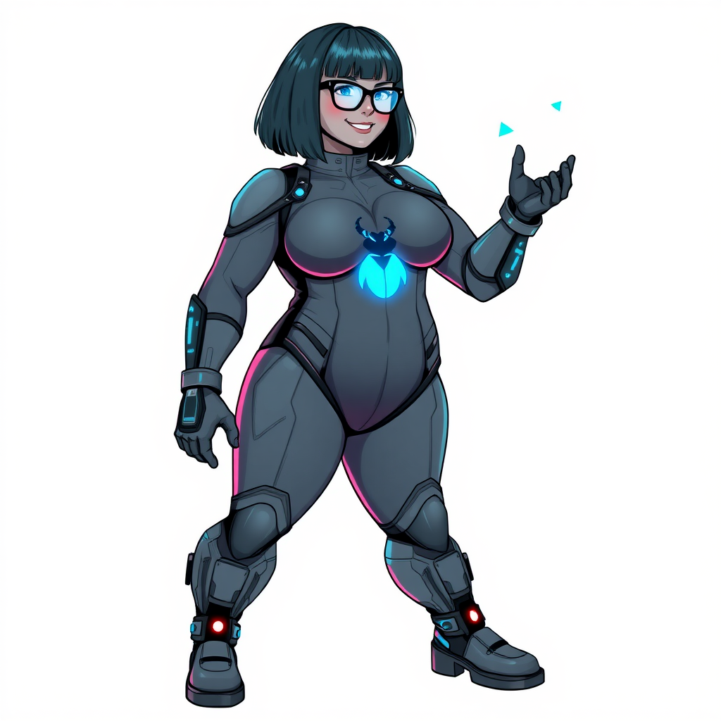 A heavily, extremely, and intensely pampered nerdy full-figured middle gray digital sidekick, a 28-year-old computer major, has been transformed by her doting vigilante boyfriend. Her distinct, metallic, middle gray skin and bob cut appear to blend together simulating computer data, and her neon blue eyes glow with intelligence. Her full-figured physique, now showcasing a large round midsection, thick limbs, and broad shoulders, contrasted by a slim face, clearly reflects her indulgence and pampering. Her full figure is prominently highlighted, with her prominent, large, round midsection and thick limbs emphasizing her pampered sidekick status. As the loyal and supportive sidekick, she plays a crucial role in their missions, using her digital prowess to assist and protect.

She wears a digital middle gray bodysuit with a neon blue glowing scarab beetle chest icon, digital middle gray boots with matching neon blue glowing scarab beetle themed accents, and matching high-tech gloves with matching accents. She bashfully giggles with a neon red blush, emitting neon blue data cubes from her body. Her full figure clearly shows how pampered she is. Her nerdiness is accentuated by her black oversized eyeglasses.

Her outfit, influenced by DC’s Jennifer Knight Phantom Lady, remains distinct. Adding to her pampering, she serves as his minicomputer, traveling in his high-tech wristwatch and supercar’s computer system. Using her ability to hack into computers and machines, she relays crucial knowledge relating to his missions.

Her prominent, large, rounded midsection and thick limbs are on full display, emphasizing her indulgence and pampering while maintaining her nerdy physique. She is on a solid white background. She is drawn as if she was in a retro 2D cyberpunk fighting game. Ensure her midsection is round.