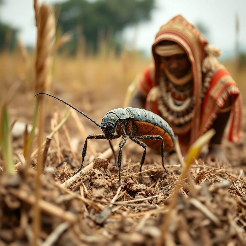 An arthropod in tribal clothing tilling a field.