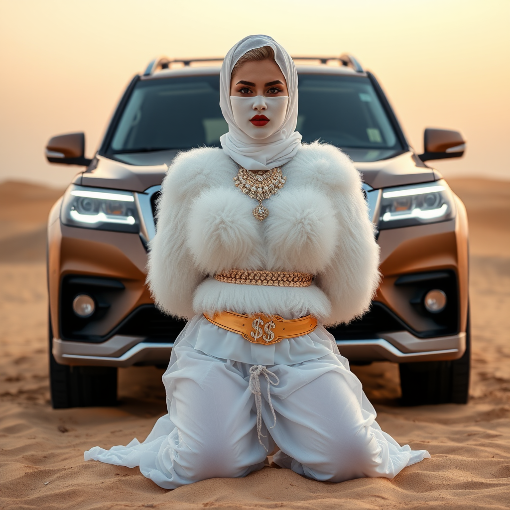 Kuwait desert dunes misty dawn, full size luxury SUV: Melissa, European 17 years old very convincing femboy “trophy-bimbo”, tamed servile docile, very beautiful feminine flawless face, rather short, by hormones very curvaceous womanly figured, platinum blond short tight curls, bold red lips, heavily made-up face, wearing Supertanya-style fluffy very fuzzy bright white angora turtleneck-poncho cropped ending under bust decorated with pearls and gemstones, striking oriental wide gold bridal protection belt, white fully transparent harem pants, full Oriental bridal jewelry, face covered by white transparent full Burka, coin anklets, striking diamond “$$$” letter brooch on left chest, pout frustrated, hands tied behind back, kneeling in sand in front of SUV, looking at camera. Focus on face and turtleneck-poncho.