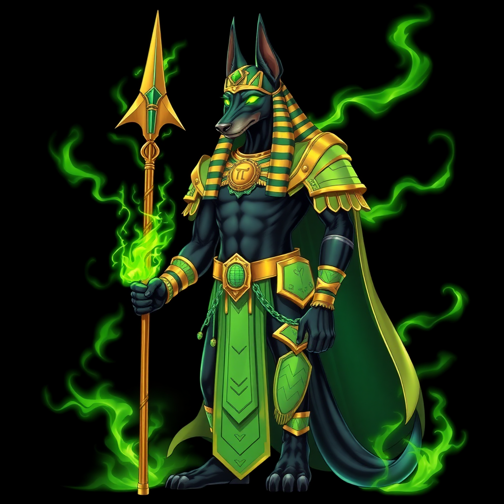 (Anime-styled art) Black background, An imposing, humanoid Doberman with jet-black fur stands tall, clad in intricate golden-green Egyptian armor. He is Anubis, exuding an aura of power and command. In his left hand, he grips a golden, feathered wand spear adorned with ancient Egyptian symbols unique point ANKH, while vibrant green flames swirl around him, crackling with magic. His piercing eyes blaze with the same green fire, casting an intense glow. The full-body view reveals every detail of his regal from legs, godlike presence, surrounded by a supernatural energy that radiates from his form.