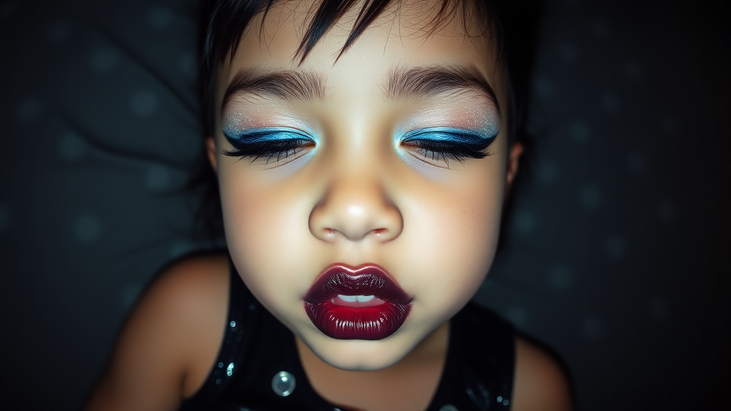 six-year-old-latina-female-child that has extremely big lips.  
She is wearing intense-blue-glitter-eyeshadow, thick-winged-eyeliner with very-dramatic-eyeliner-wings, and dark-burgundy-glossy-lipstick.  
She is wearing a tight-glossy-latex-sleeveless-crop.  
Her lips are puckered and her eyes are half closed.  
Fish-eye-lens, laying in a dark motel room, amateur flash photography.