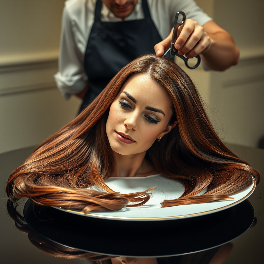 In a bizarre, surreal tableau, the polished surface of an elegant dining plate cradles the disembodied head of a strikingly beautiful Kate Middleton, her long, flowing hair cascading like a glossy waterfall of deep chestnut and honey highlights. The hair is luxuriously arranged, strands shimmering under the soft, ambient light that bathes the scene in an ethereal glow.

A skilled hairdresser, clad in a sleek black apron, stands poised with a pair of gleaming scissors, carefully trimming the endlessly luxurious locks that frame Kate's serene, almost ethereal features. The air is thick with the scent of salon products mingling with delicate hints of floral fragrances, creating an unusual yet strangely inviting atmosphere. The hairdresser's focused expression reveals a meticulous dedication as snippets of hair fall gracefully onto the pristine plate, echoing a sense of both artistry and absurdity.

The overall emotional tone conveys a dreamlike quality, inviting viewers to ponder the juxtaposition of beauty, identity, and the bizarre circumstances that bind them in this extraordinary moment.