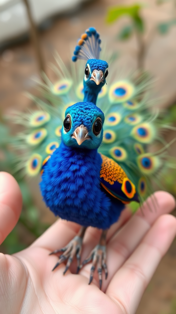 A small tiny cute chubby big eyes big perfect tail real colorful dancing peacock with tail on hand