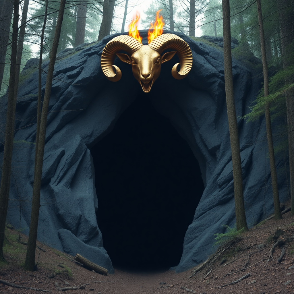 High quality, A giant dark cavern entrance in the middle of the woods that is perfectly shaped like a women's vagina/vulva with a glow, a golden-ram horn statue with burning eyes and mouth at the very-top