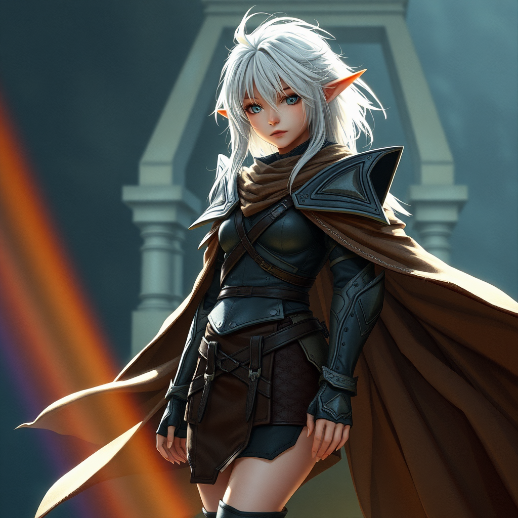 A twenty-something elf girl like (Deedlit from Record of Lodoss War), a character come to life. Messy shoulder-length white hair. Wide triangular shoulder pads, flowing cloak, leather armor, skirt, high-heel ankle boots. WLOP style. Photorealistic digital matte painting, highly detailed, film grain, lens flare, chromatic aberration.