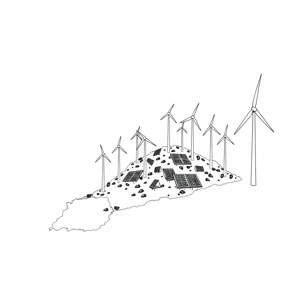 I design Sardinia, showing it being overwhelmed by enormous wind turbines and photovoltaic panels. The style is a minimalist drawing with only black ink.