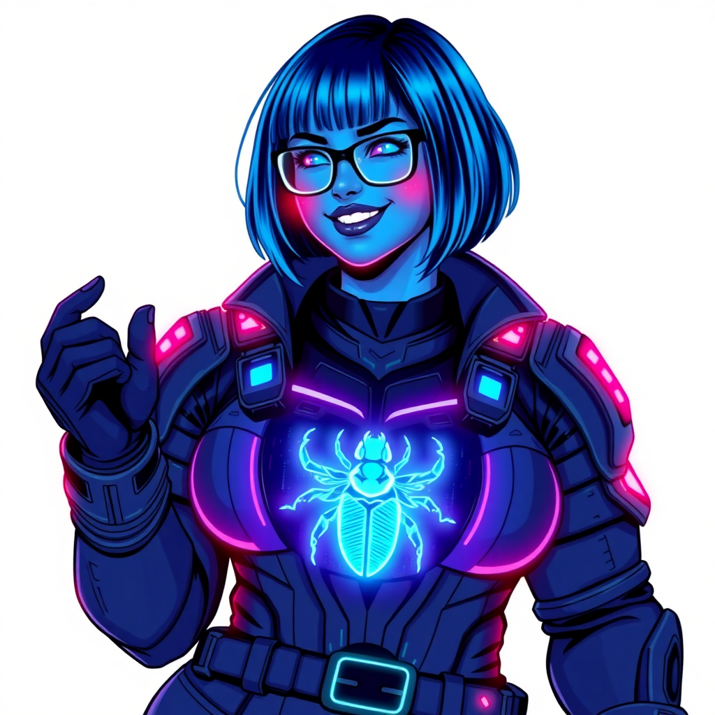 A 29-year-old computer science major, now transformed into a full-figured, maximum blue-skinned nerdy digital sidekick for a cyberpunk vigilante, with maximum blue skin. Her bob cut seamlessly blends with her skin, forming part of her data, and her neon blue eyes glow intensely. Her full figure is defined by a prominent round wrecking ball-sized midsection, sequoia-sized limbs, and broad shoulders. As a loyal and supportive sidekick, she plays a crucial role in their missions, using her digital skills to assist and protect.

She wears a digital, computerized biker suit that blends with her hair and skin (appearing to merge together as computer data), featuring a maximum blue color scheme and a neon blue glowing beetle chest icon, along with matching high-tech gloves. She bashfully giggles with a neon red blush, emitting neon blue data cubes from her body, set against a solid white background. Heavily pampered by her doting boyfriend, her full figure clearly shows this care. She has the ability to hack into computers and machines, and her nerdiness is blatantly obvious with her black oversized eyeglasses. Her full figure is prominently displayed and heavily emphasized. Her outfit is influenced by DC’s Jennifer Knight Phantom Lady but remains distinct. She is drawn as if she was in a retro 2D cyberpunk fighting game.