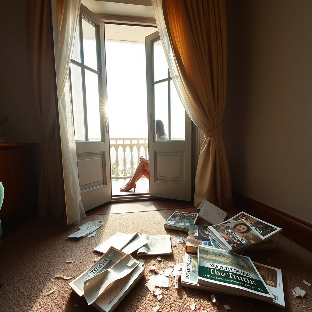 Disrupted books "The Truth" and magazines "Watchtower" on the floor. In a room, the terrace door is opened, a woman is sitting in the doorway looking outside. The sun is shining outside. The curtains are moving by the wind.