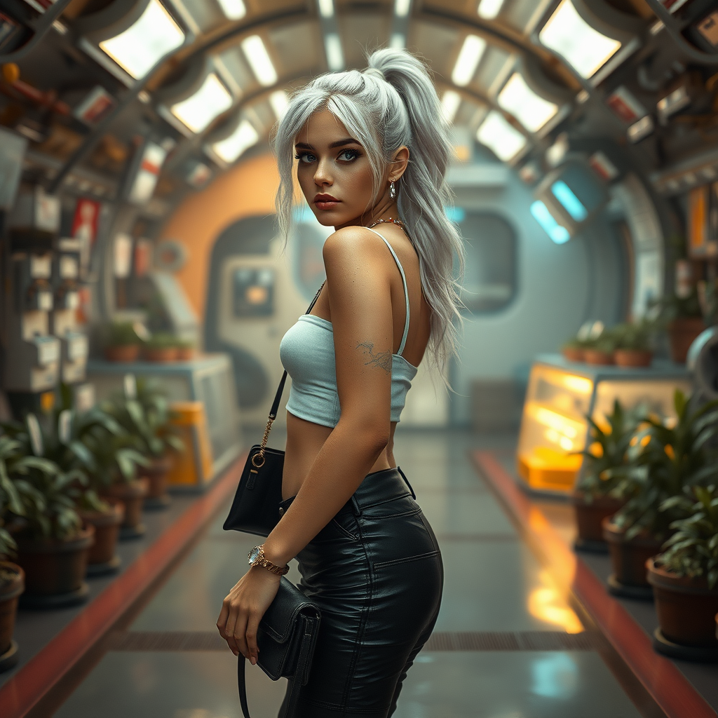 A full body shot of a pretty girl like (Ana de Armas). Pale, freckles, eyeliner, messy long white hair in a ponytail. Crop top, Cyberpunk 2077, space station, crop terrarium, high heel ankle boots, collar, purse and jewelry. Lips slightly parted. Photorealistic digital matte painting, soft focus, film grain, lens flare. She is walking away from the camera.