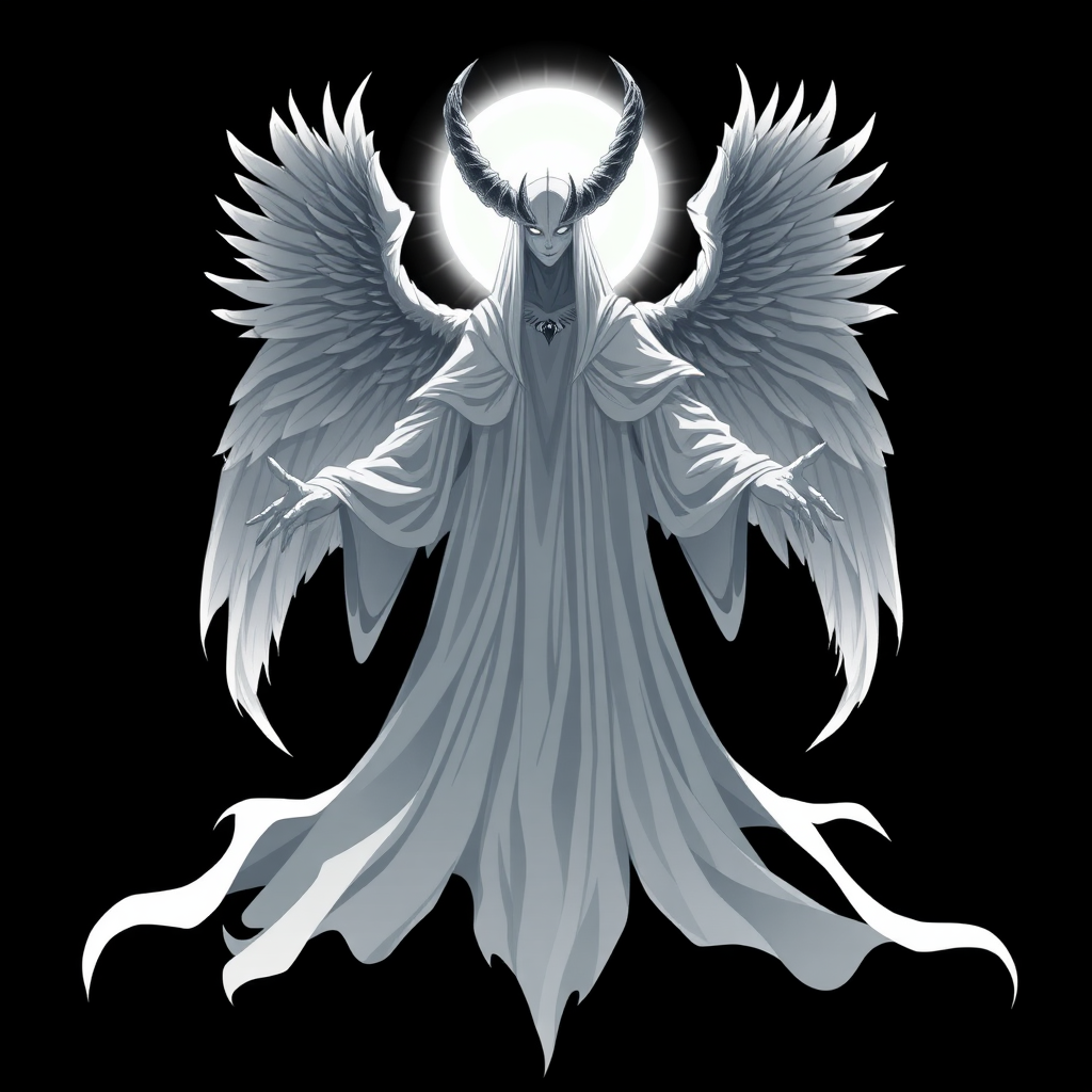 (Anime-styled art) Black background, the eerie figure of Yaldabaoth, the Demiurge, emerges in stark contrast. Towering and ghost-like, his form is tall and ethereal, a spectral white silhouette that seems to glow with an unsettling luminescence. His face is hidden beneath a strange and eerie circular light, radiant and blinding, with a single eye symbol hauntingly suspended within the glow. His head is crowned by four jagged, imposing horns, adding to his menacing yet angelic presence. Draped in flowing robes of white and black, Yaldabaoth's appearance straddles the line between celestial and terrifying. Four majestic angel wings unfurl from his back, their divine beauty twisted by the sinister aura that surrounds him. Floating effortlessly in mid-air, his entire form is visible—a full-body view as his arms extend outward, as if preparing to unleash a powerful, otherworldly force. His presence commands awe and fear, a terrifying blend of celestial grace and eerie malevolence.