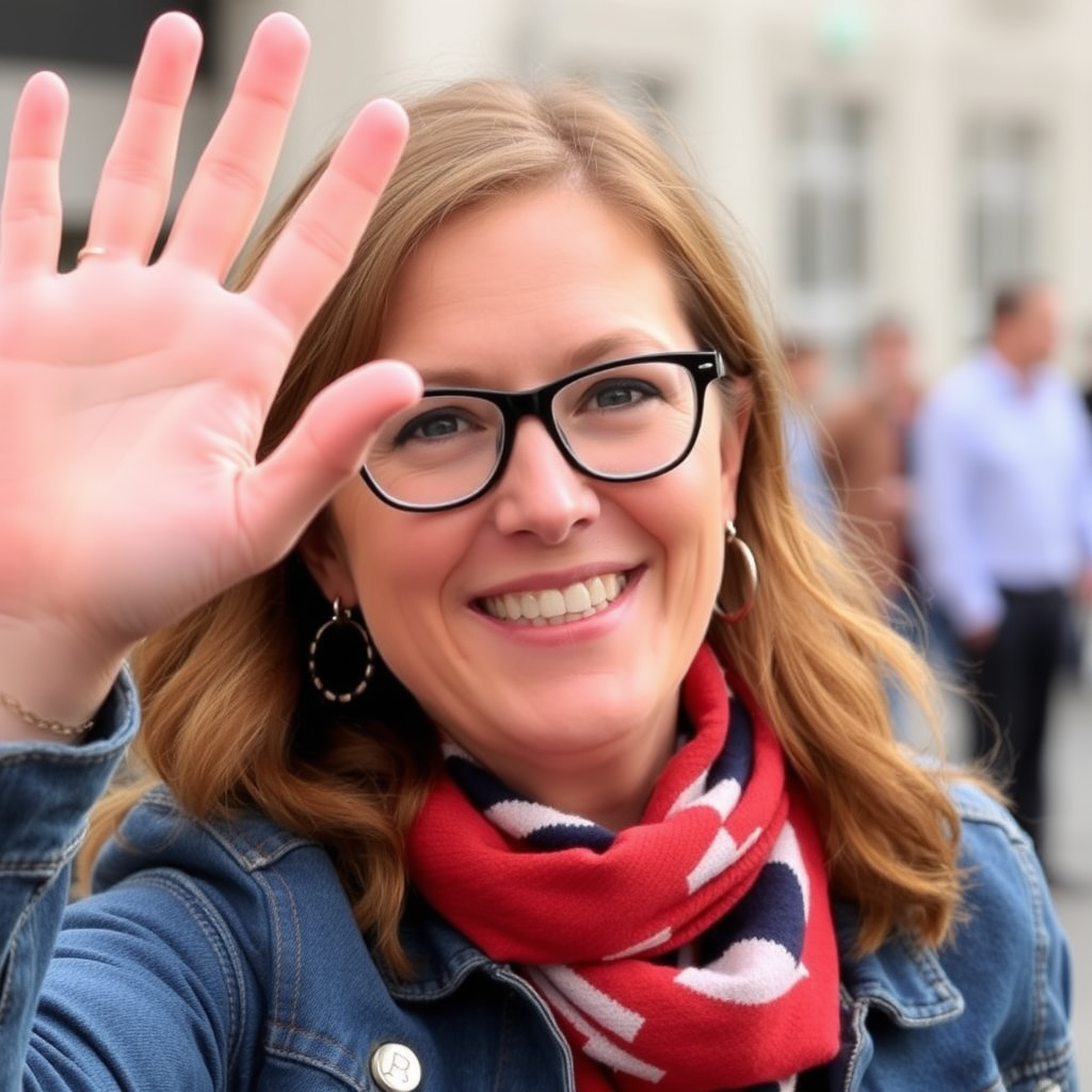 Amanda Lummus Hager waving hello looking at camera