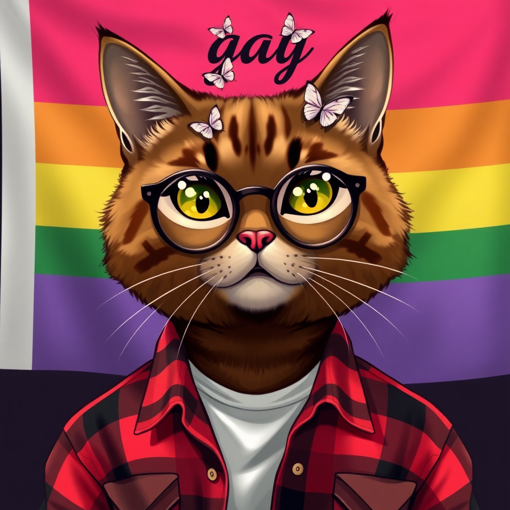 female cat-man brown color with, behind, a flag with horizontal stripes in pink/light pink/white/light orange/orange, colors in order with "gay" written in calligraphy with little butterflies on top, wearing semi-round glasses, an open red and black checkered shirt with a white t-shirt underneath, in digital art