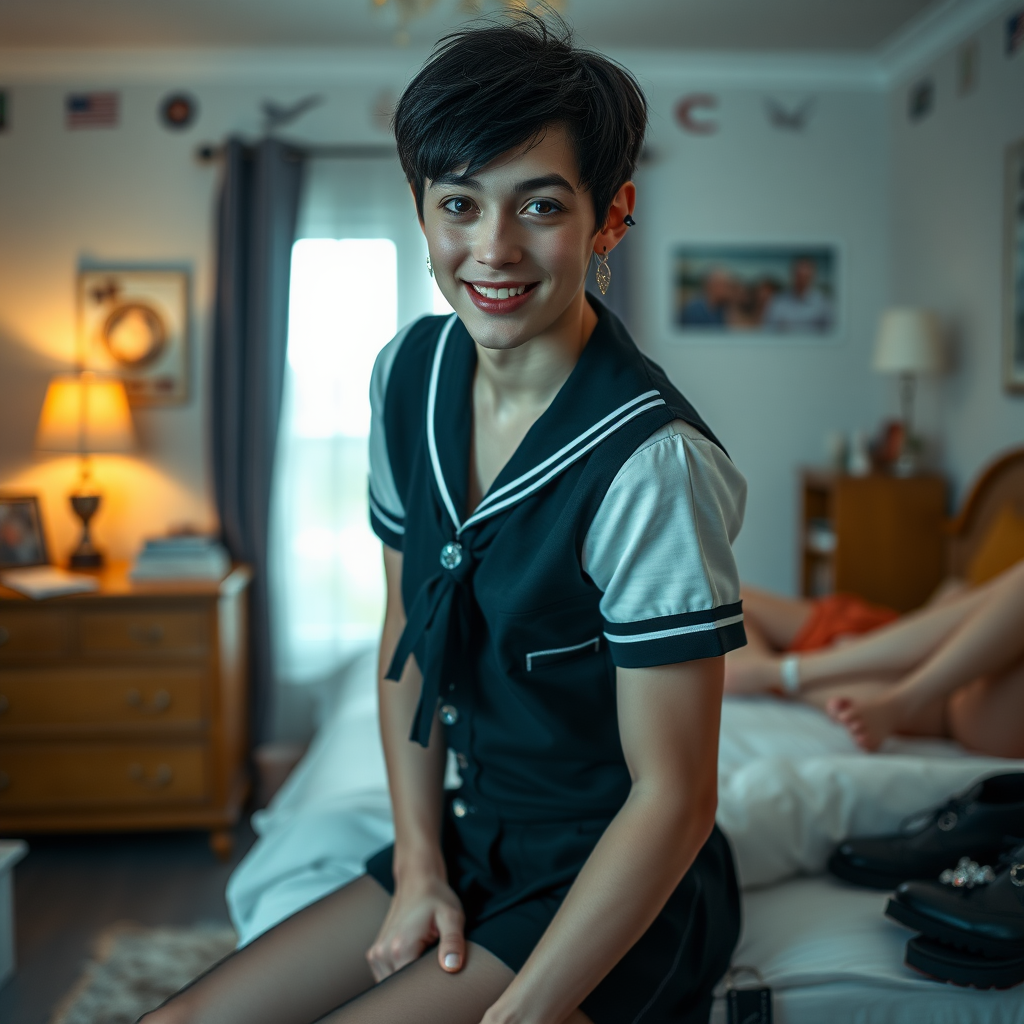 photorealistic, ultra high resolution, 16K, surreal fantasy, soft studio lighting, a pretty 16 year old goth male, slim male physique, short dark hair, goth makeup, earrings, sheer pantyhose, UK girls-school uniform, Mary-Jane shoes, in the bedroom - , excited smile, facing the camera.