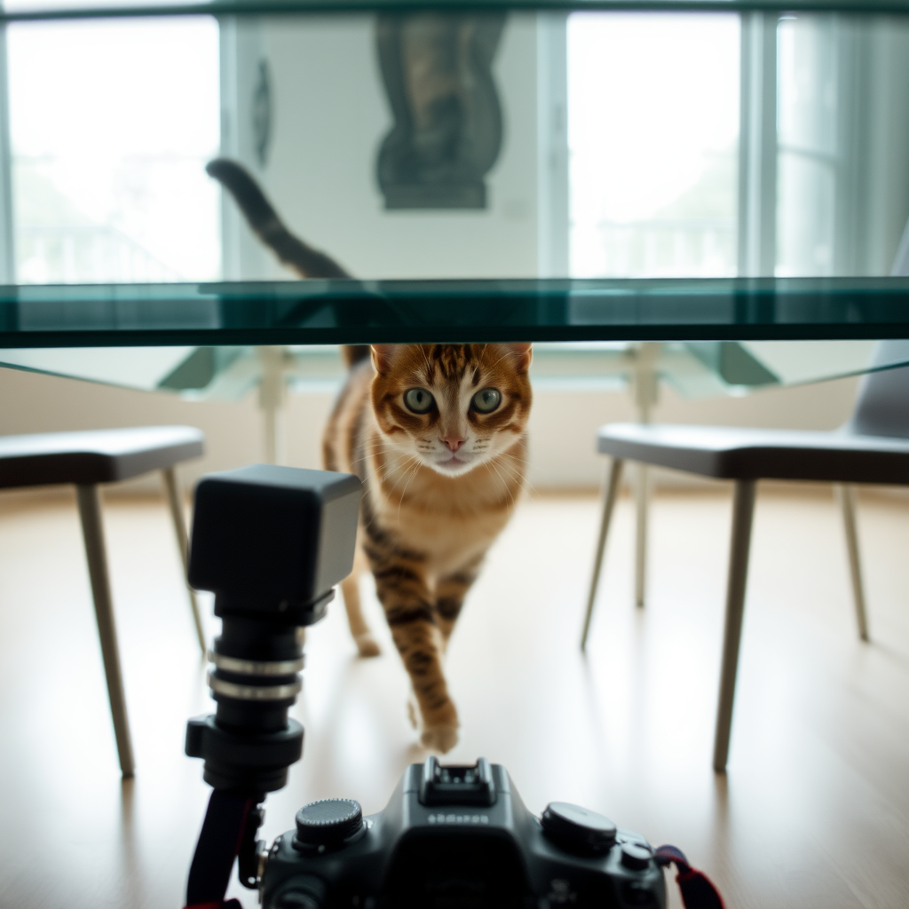 The camera is positioned directly beneath the transparent dining table, shooting upward vertically at the transparent dining table, while a cat walks on the table.