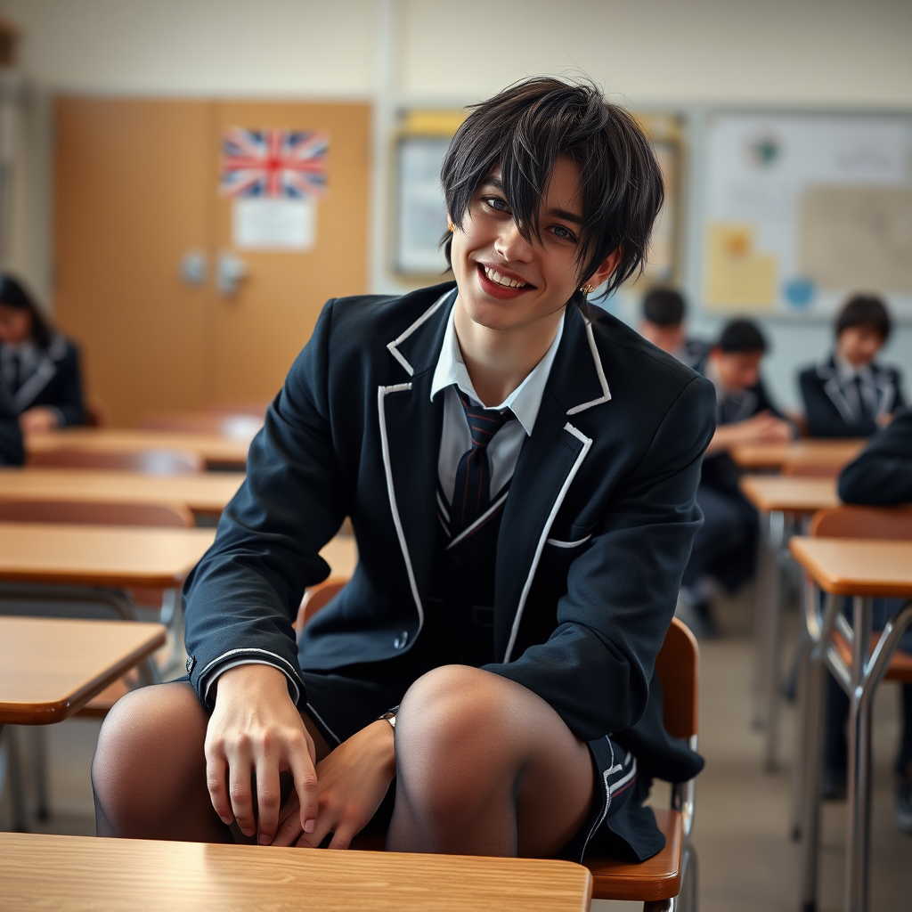 photorealistic, ultra high resolution, 16K, surreal fantasy, soft studio lighting, a pretty 16 year old goth male, slim male physique, short dark hair, blue eyes, goth makeup, earrings, sheer pantyhose, UK girls-school uniform, Mary-Jane shoes, sitting in the classroom, excited smile, facing the camera.