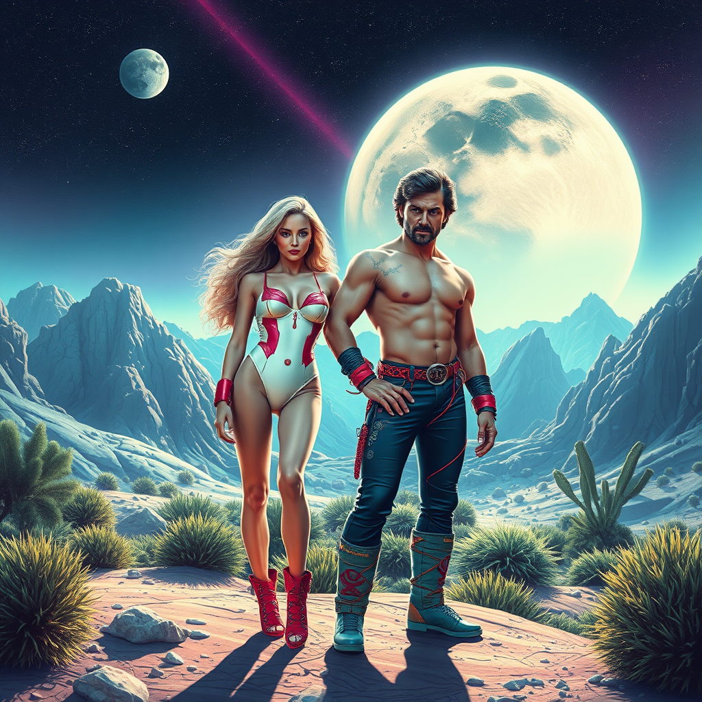 Draw me a photorealistic 70s style space babe and space hunk posing on a retro 70's alien planet. The planet has alien vegetation, mountains and lazer rave style.