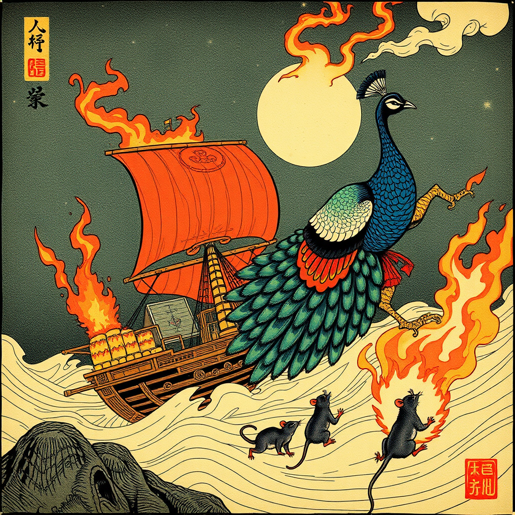 A peacock saving pirate rats from a burning spaceship, Chinese woodcut,