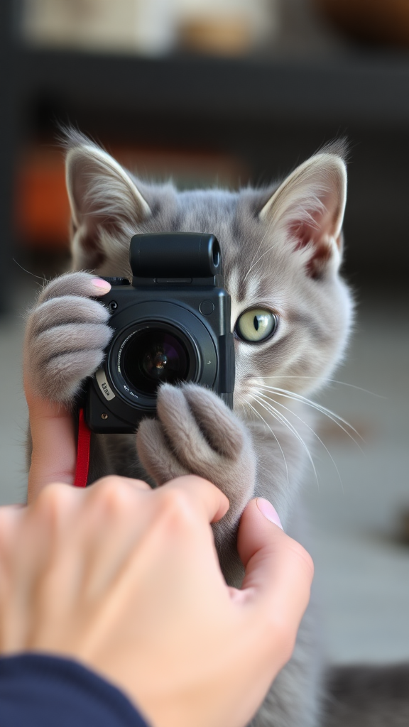 The gray kitten is taking pictures with a camera.