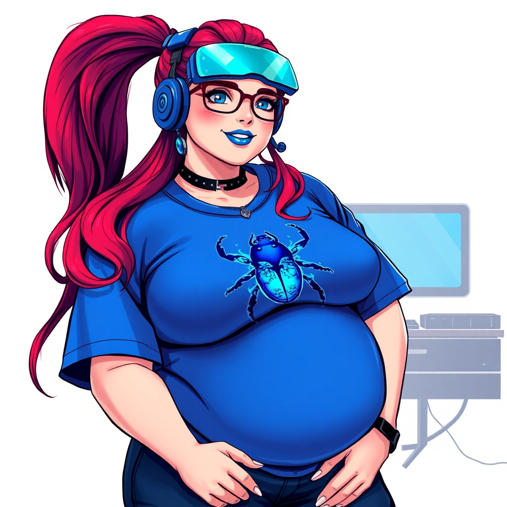 A cyberpunk vigilante’s full-figured intelligent and tech-savvy 28-year-old girlfriend, who is a computer hacker and tech genius. She has a long ruby red ponytail. She wears maximum blue lipstick, bright blue eyes, a sapphire beetle gemstone necklace, sapphire earrings, black eyeglasses, and an oversized maximum blue t-shirt featuring a blue sapphire gemstone crusted beetle chest icon. She has a full-figured physique with a prominent, massive, round belly, reflecting her well-cared-for lifestyle. She sports a sapphire headset with a hi-tech maximum turquoise lensed HUD, and a shy smile with a neon red blush. She serves as his tech expert from his hideout, diligently working at her lab table computer desk. The background is solid white. She is drawn as if she was in a retro 2D cyberpunk fighting game. Ensure her t-shirt covers her belly.