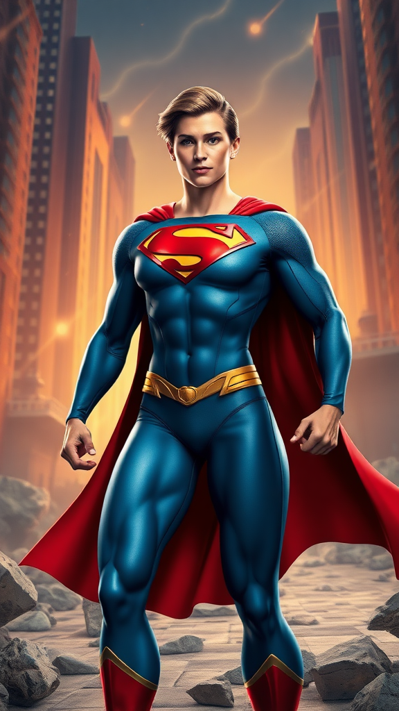 Create a full-length image of Superman using the female musculature of Elastigirl. Retain the original head, hairstyle, and facial features while modifying the costume to fit the new proportions, adding some embellishments for a unique touch. Design the background using elements inspired by both characters, reflecting their iconic themes and settings. Focus on vibrant colors and dynamic poses that highlight strength and agility, showcasing this reinterpretation of Superman in an action-packed scene.