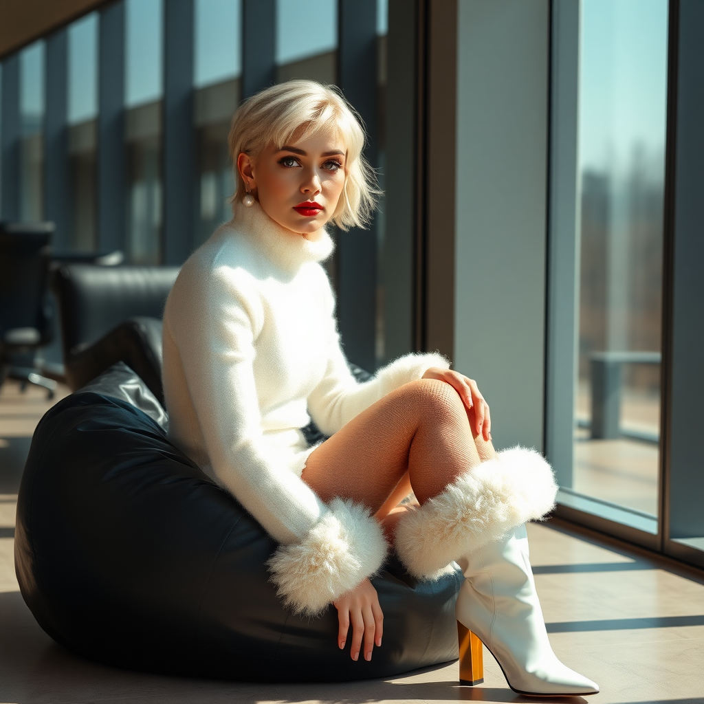 Sunny spring morning, modern glass-steel-concrete office, sitting on black leather beanbag at wall, waiting for the master: Ana, European 17 years old very convincing femboy “trophy-bimbo”, tamed servile docile, very beautiful feminine flawless face, rather short boyish figure, platinum blond short tight curls, bold red lips, heavily made-up face, long French nails, wearing Supertanya-style chunky fluffy very fuzzy bright white plushy mohair figure-hugging turtleneck-knitdress with wide tight fluffy hem and fluffy wrists, white vinyl anklet-boots with golden heels, mesh pantyhose, pearl earrings, serious, leaning forward presenting her assets, arrogantly looking at camera.