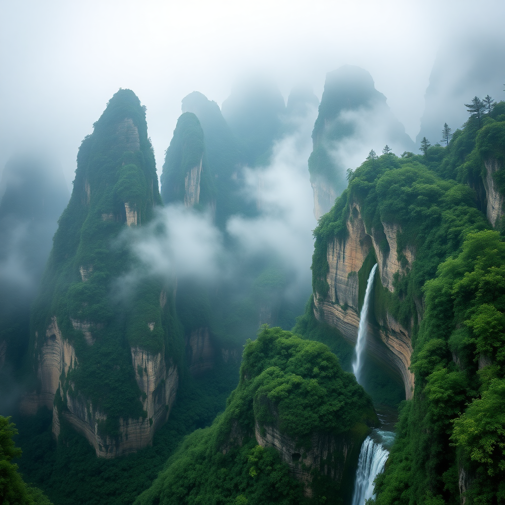 interesting cinematic raw photo of Zhangjiajie National Forest Park in China, capturing the towering mountain pillars with vegetation shrouded in mist and a waterfall, surreal Avatar movie like landscape, highly detailed, professional photography