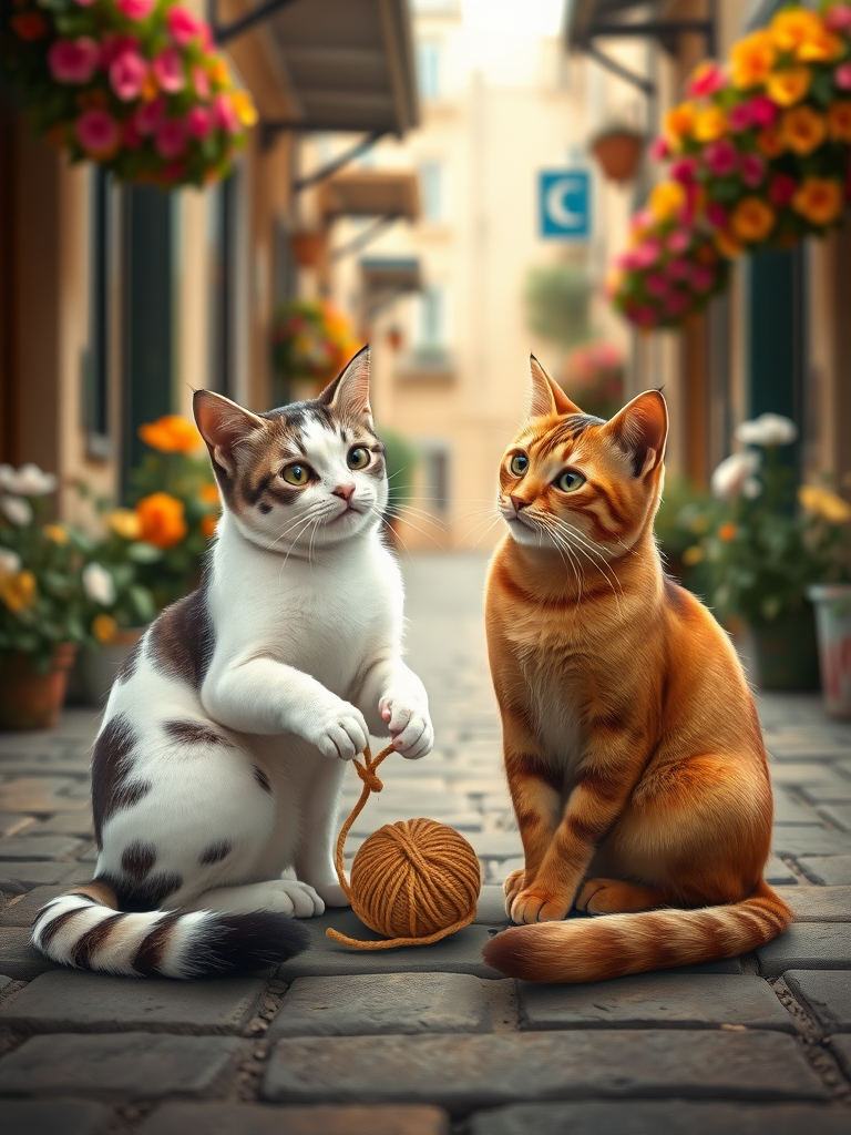 Create an image depicting two cats sitting together in a peaceful street setting. One cat is white with black spots (representing a cat from Israel), playfully engaging with a ball of yarn. The other cat is brown (representing a cat from Palestine), watching curiously from a short distance. The background should have colorful flowers and a warm, inviting atmosphere that symbolizes friendship and unity. The scene should evoke a sense of joy and harmony, highlighting the theme of companionship despite differences.