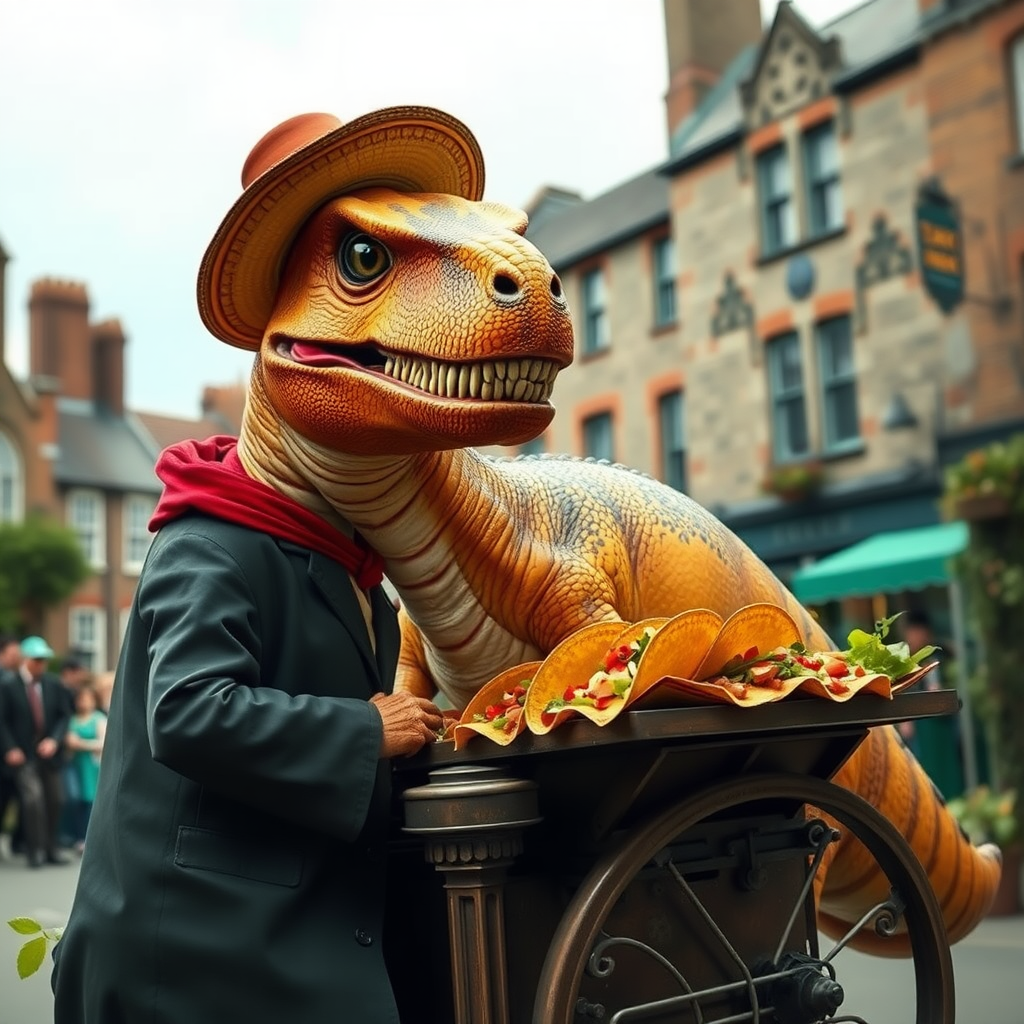 A dinosaur selling tacos in Victorian England